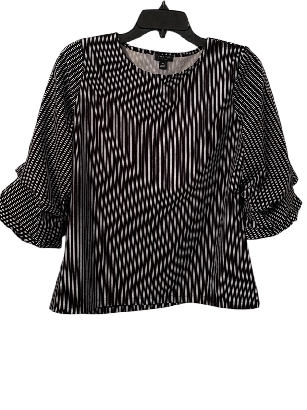 Ann Taylor Women's Black White Striped Ruffle Balloon Sleeve Top Petite Size M